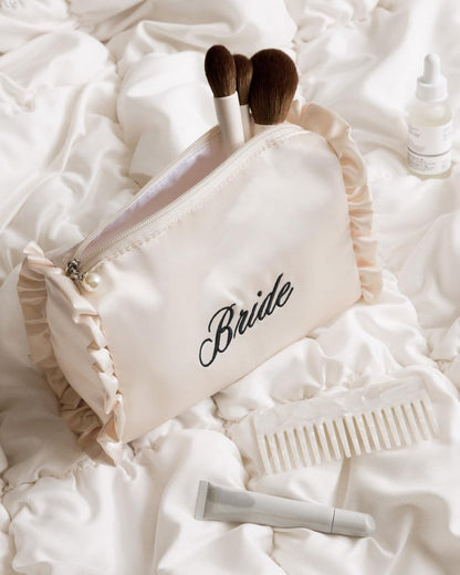 xo, Fetti Satin Bride Cosmetic Bag | White Bridal Makeup Purse for Bachelorette Party & Bridal Shower Avelisse