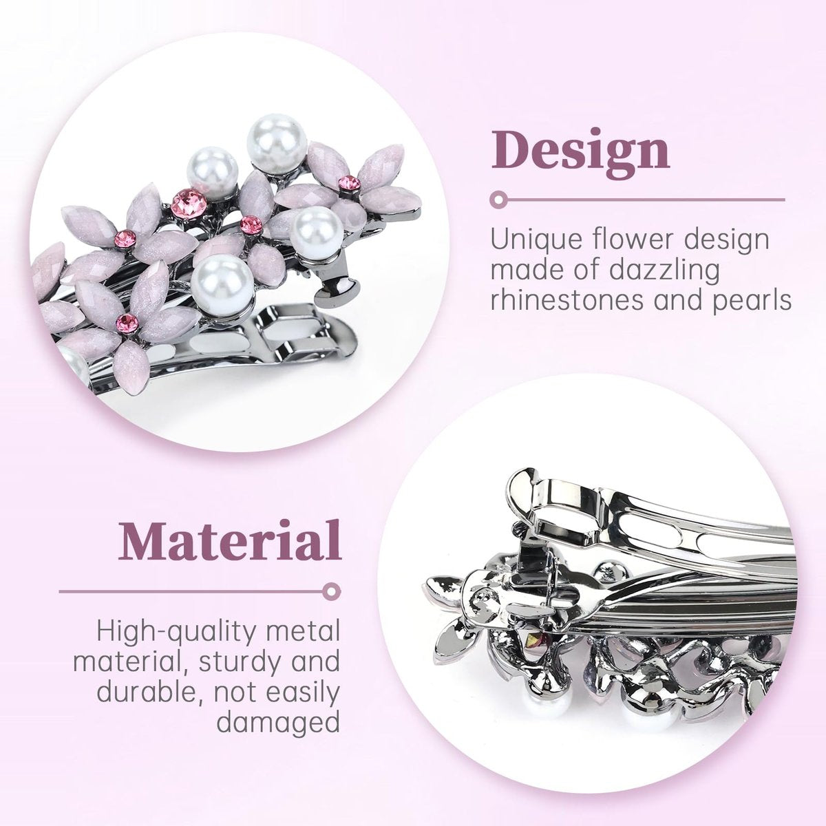inSowni 4 Pieces 7.5cm Retro Pearl Rhinestone Flower French Hair Barrettes Snap Hair Clips with Strong Hold - Ivory, Pink, Gray, Black - görsel 5