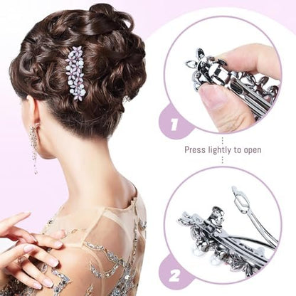 inSowni 4 Pieces 7.5cm Retro Pearl Rhinestone Flower French Hair Barrettes Snap Hair Clips with Strong Hold - Ivory, Pink, Gray, Black
