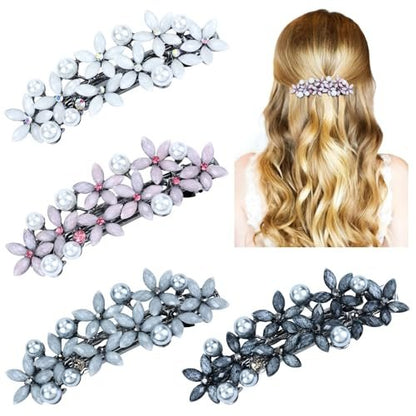 inSowni 4 Pieces 7.5cm Retro Pearl Rhinestone Flower French Hair Barrettes Snap Hair Clips with Strong Hold - Ivory, Pink, Gray, Black