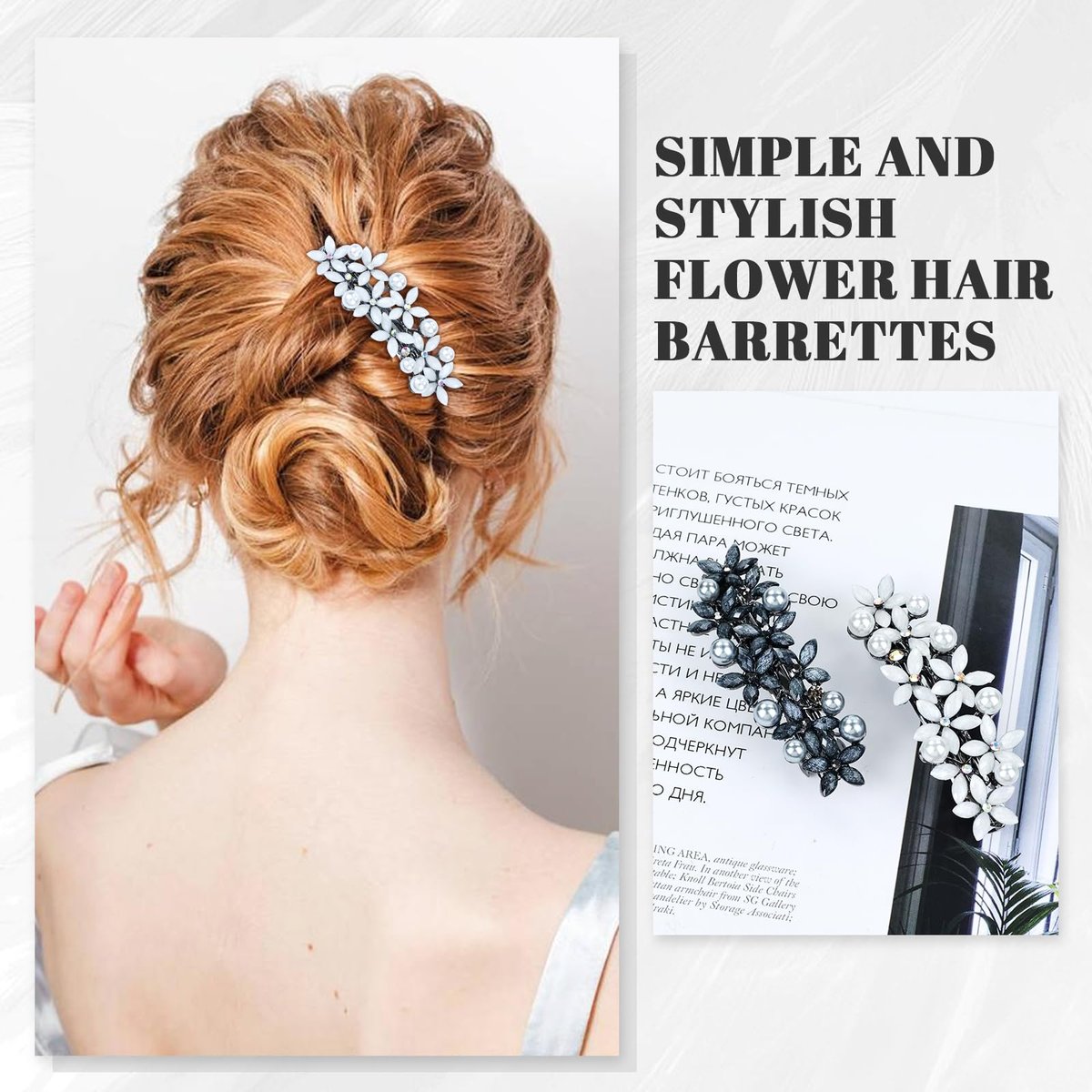 inSowni 4 Pieces 7.5cm Retro Pearl Rhinestone Flower French Hair Barrettes Snap Hair Clips with Strong Hold - Ivory, Pink, Gray, Black - görsel 9