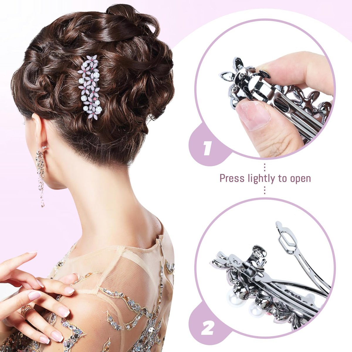 inSowni 4 Pieces 7.5cm Retro Pearl Rhinestone Flower French Hair Barrettes Snap Hair Clips with Strong Hold - Ivory, Pink, Gray, Black - görsel 7