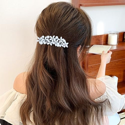 inSowni 4 Pieces 7.5cm Retro Pearl Rhinestone Flower French Hair Barrettes Snap Hair Clips with Strong Hold - Ivory, Pink, Gray, Black
