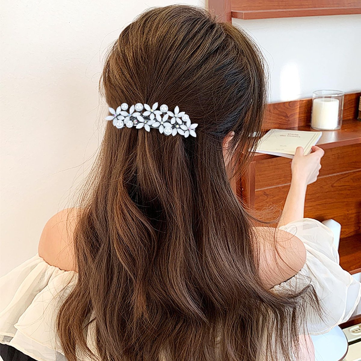 inSowni 4 Pieces 7.5cm Retro Pearl Rhinestone Flower French Hair Barrettes Snap Hair Clips with Strong Hold - Ivory, Pink, Gray, Black - görsel 11