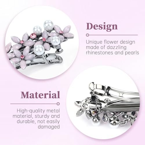 inSowni 4 Pieces 7.5cm Retro Pearl Rhinestone Flower French Hair Barrettes Snap Hair Clips with Strong Hold - Ivory, Pink, Gray, Black - görsel 6
