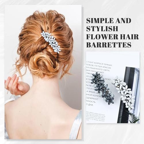 inSowni 4 Pieces 7.5cm Retro Pearl Rhinestone Flower French Hair Barrettes Snap Hair Clips with Strong Hold - Ivory, Pink, Gray, Black - görsel 10