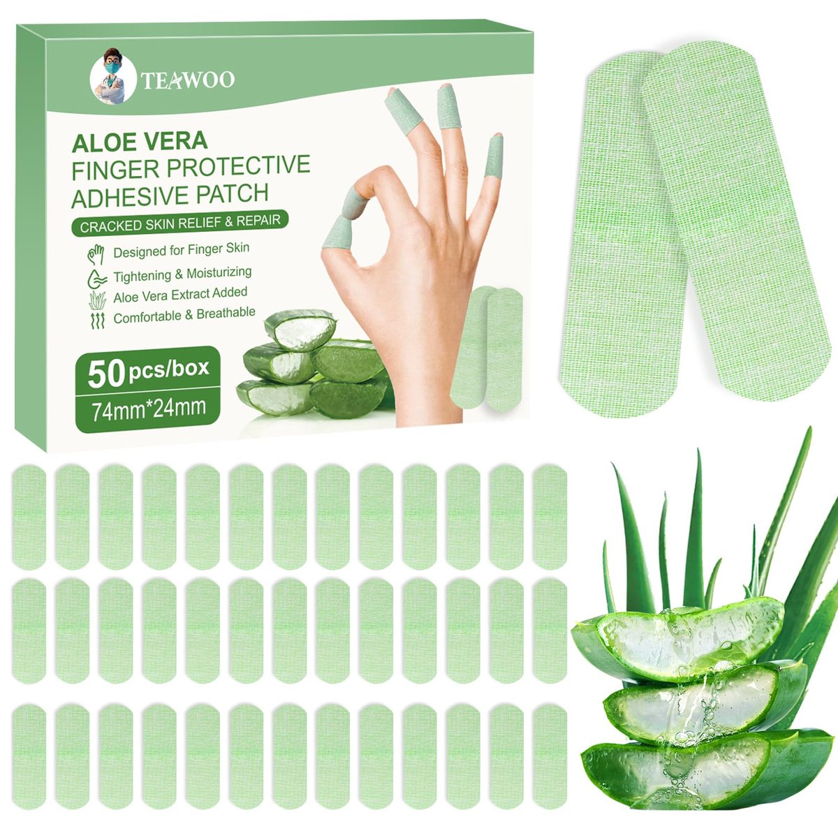 TEAWOO 50PCS Aloe Vera Cracked Hands Treatment Patches - Dry Cracked Hands Repair Bandage - görsel 1