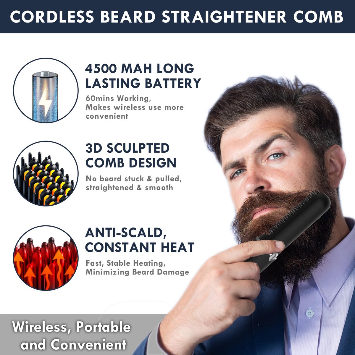 Viuyougor Cordless Heated Beard Straightener Comb for Men - Portable Beard & Hair Straightening Brush with LCD, Anti-Scald & Auto Shut-Off, Travel Size Avelisse