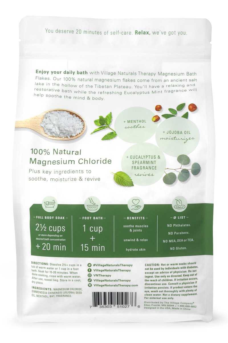 Village Naturals Therapy Muscle Magnesium Bath Flakes, Eucalyptus Mint & Menthol, 2.5 lbs Avelisse