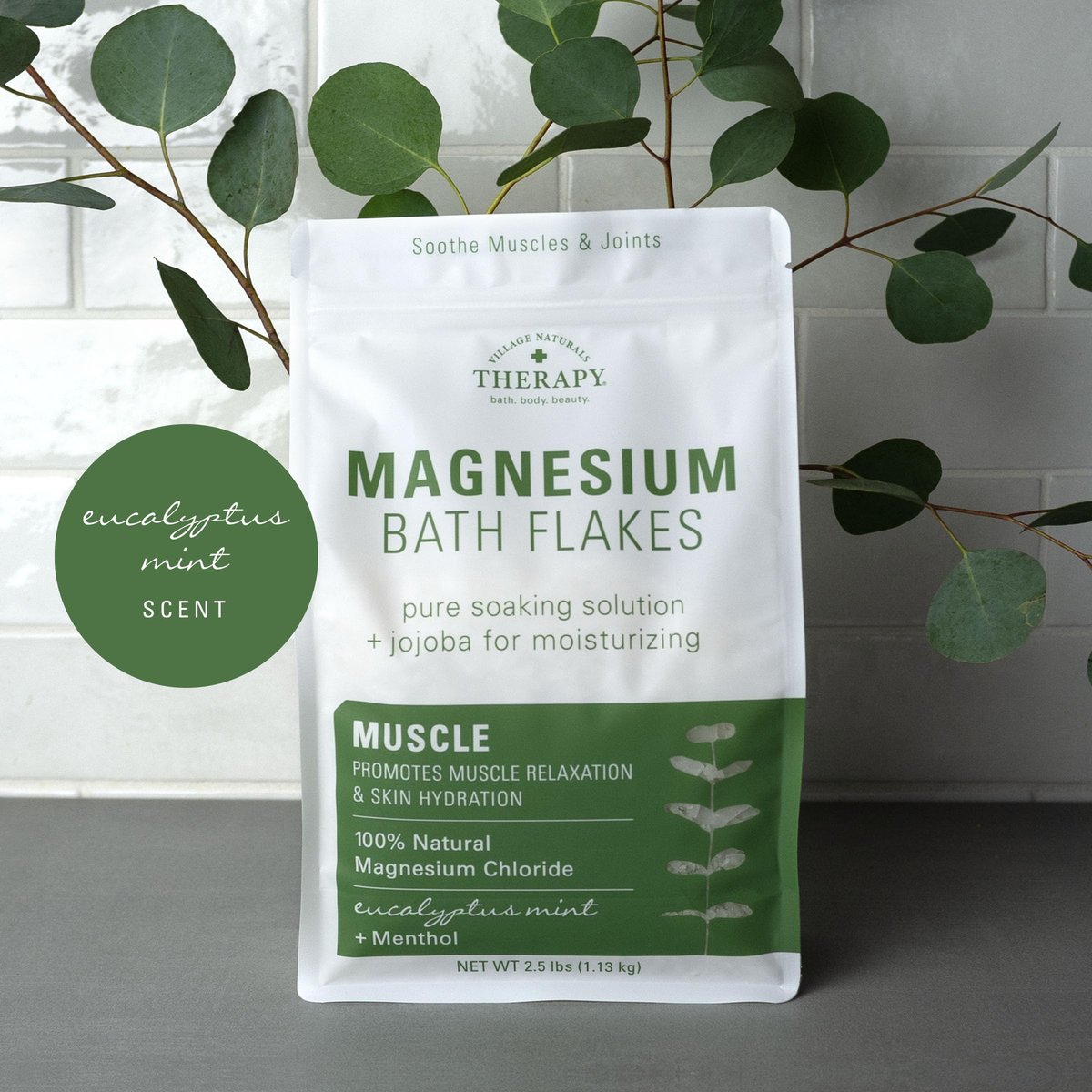 Village Naturals Therapy Muscle Magnesium Bath Flakes, Eucalyptus Mint & Menthol, 2.5 lbs Avelisse