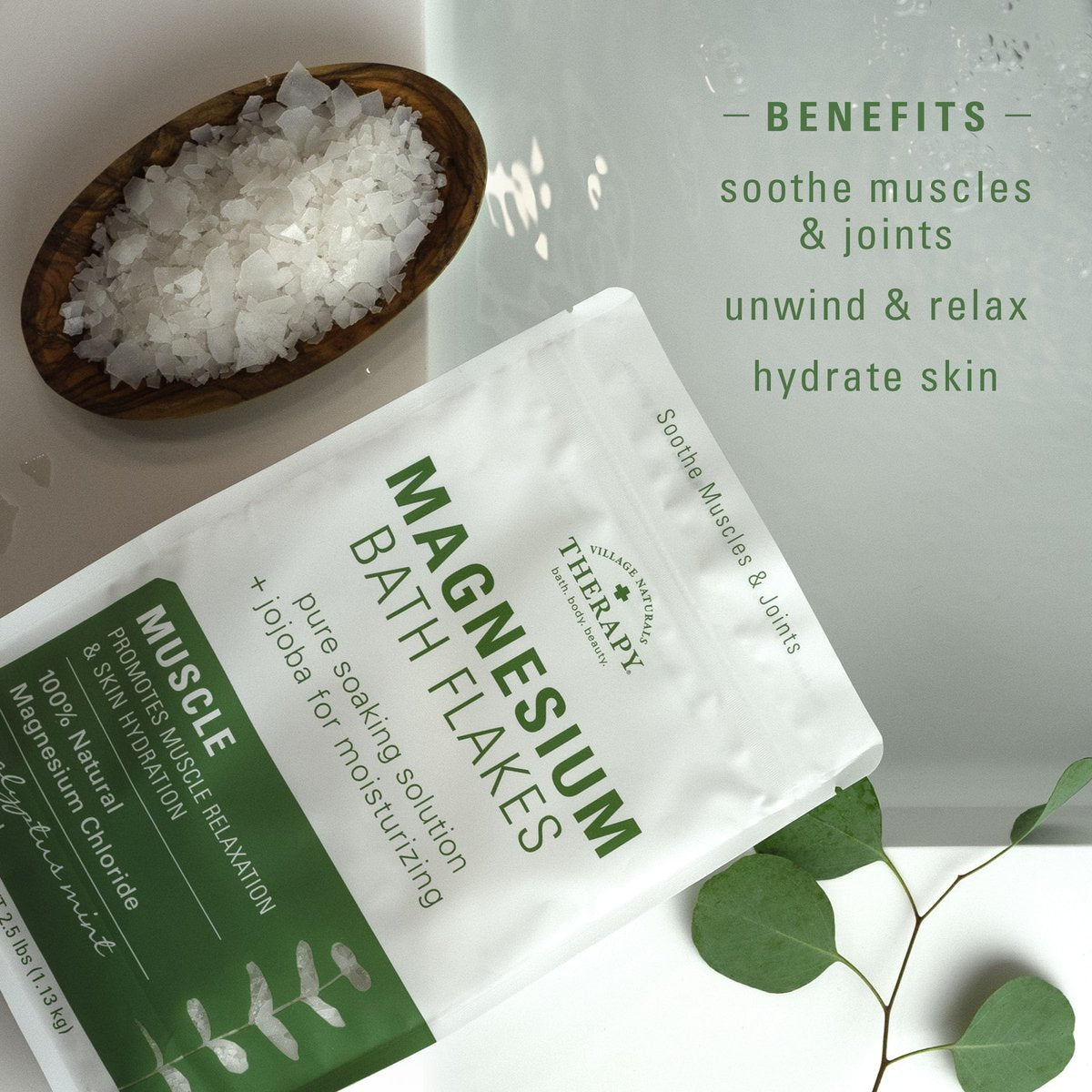 Village Naturals Therapy Muscle Magnesium Bath Flakes, Eucalyptus Mint & Menthol, 2.5 lbs Avelisse