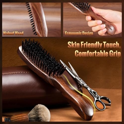 STYLEMATE Hair Brush for Men - Nylon Stiff Bristles Hard Firm Hair Brush for Thick Hair, Slick Back, Natural Black Walnut Wooden Handle for Smoothing, Detangling, Styling - görsel 8