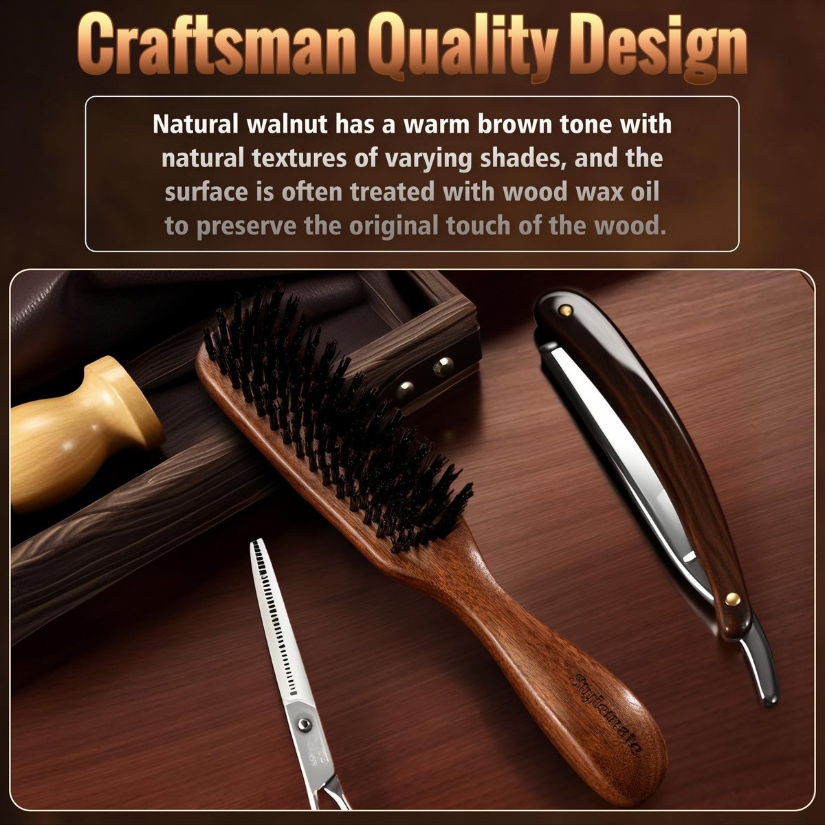 STYLEMATE Hair Brush for Men - Nylon Stiff Bristles Hard Firm Hair Brush for Thick Hair, Slick Back, Natural Black Walnut Wooden Handle for Smoothing, Detangling, Styling - görsel 11