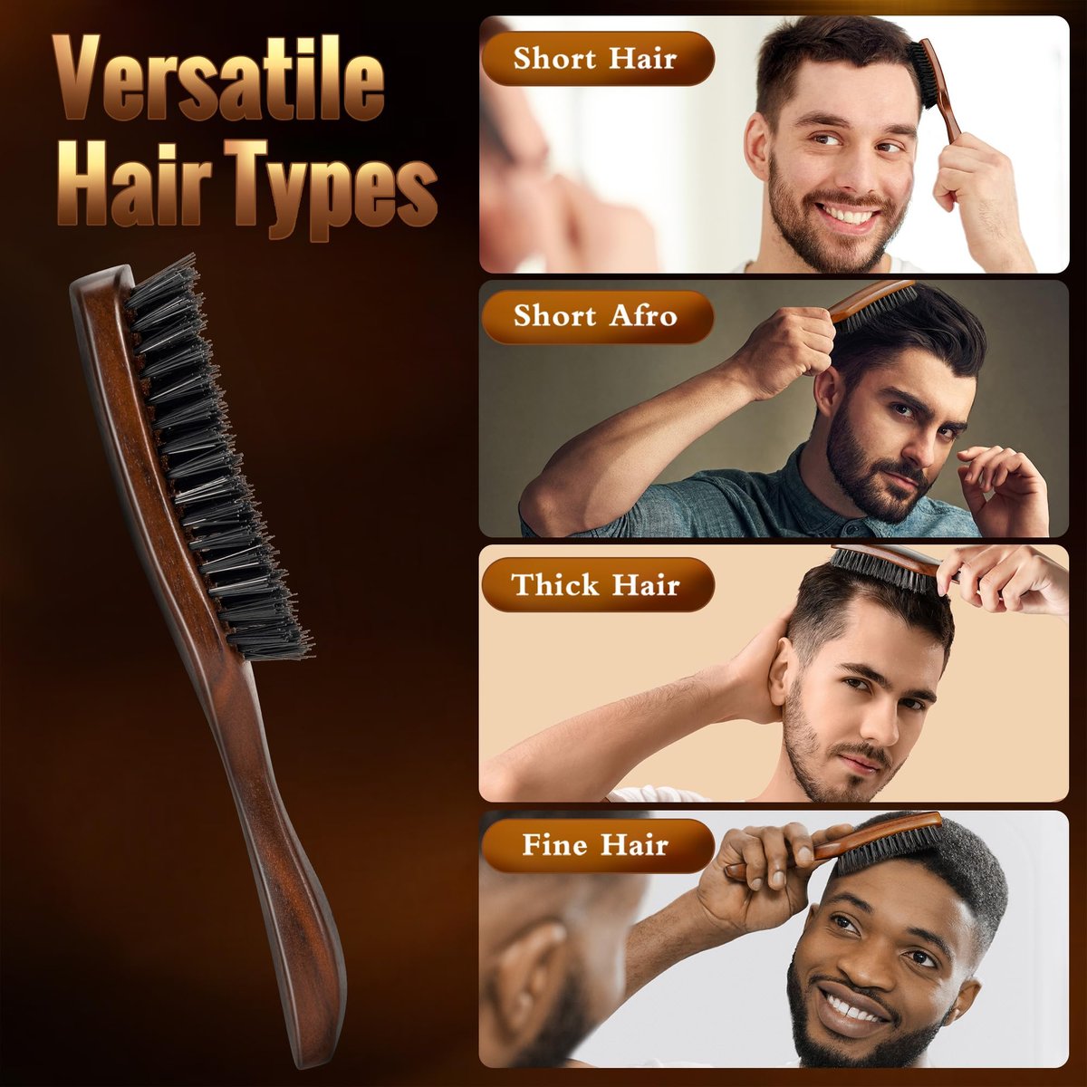 STYLEMATE Hair Brush for Men - Nylon Stiff Bristles Hard Firm Hair Brush for Thick Hair, Slick Back, Natural Black Walnut Wooden Handle for Smoothing, Detangling, Styling - görsel 9