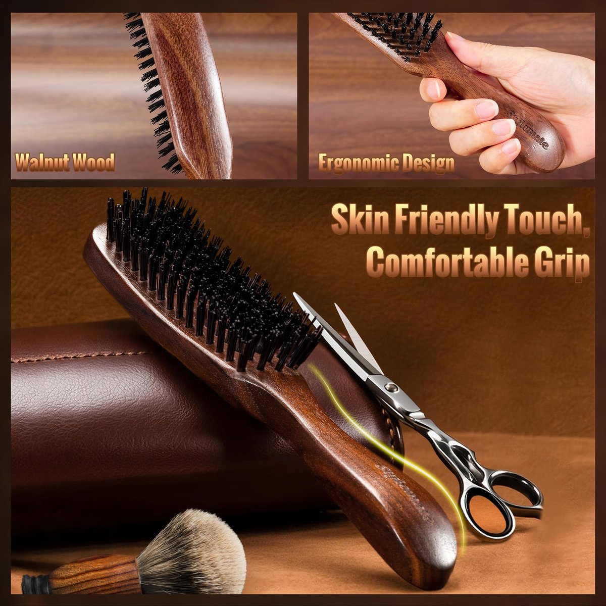 STYLEMATE Hair Brush for Men - Nylon Stiff Bristles Hard Firm Hair Brush for Thick Hair, Slick Back, Natural Black Walnut Wooden Handle for Smoothing, Detangling, Styling - görsel 7