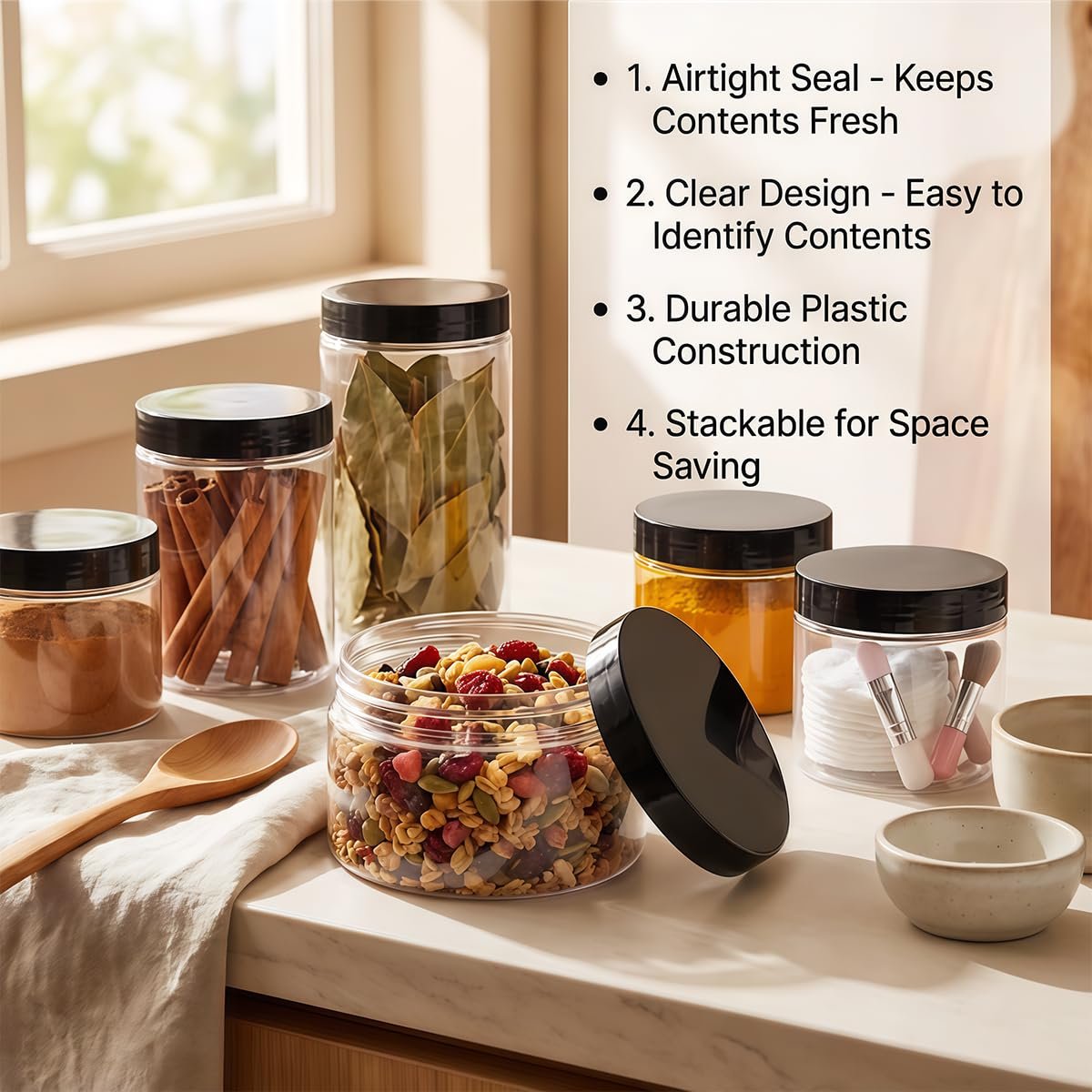 VASANA 6-Pack 250ml/8oz Clear Plastic Cosmetic Jars with Black Lids - Refillable Empty Containers for Creams, Lotions, Ointments, and More - görsel 13