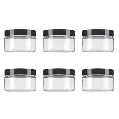 VASANA 6-Pack 250ml/8oz Clear Plastic Cosmetic Jars with Black Lids - Refillable Empty Containers for Creams, Lotions, Ointments, and More