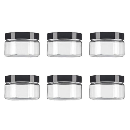 VASANA 6-Pack 250ml/8oz Clear Plastic Cosmetic Jars with Black Lids - Refillable Empty Containers for Creams, Lotions, Ointments, and More