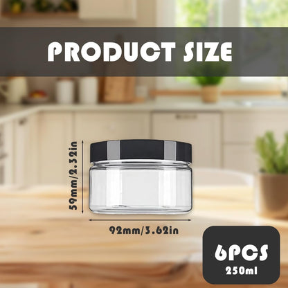 VASANA 6-Pack 250ml/8oz Clear Plastic Cosmetic Jars with Black Lids - Refillable Empty Containers for Creams, Lotions, Ointments, and More