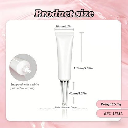 VASANA 6-Pack 15ml Empty Eye Cream Squeeze Tubes - White Plastic Soft Tubes with Silver Cap for DIY Cosmetics, Lip Balm, Gloss