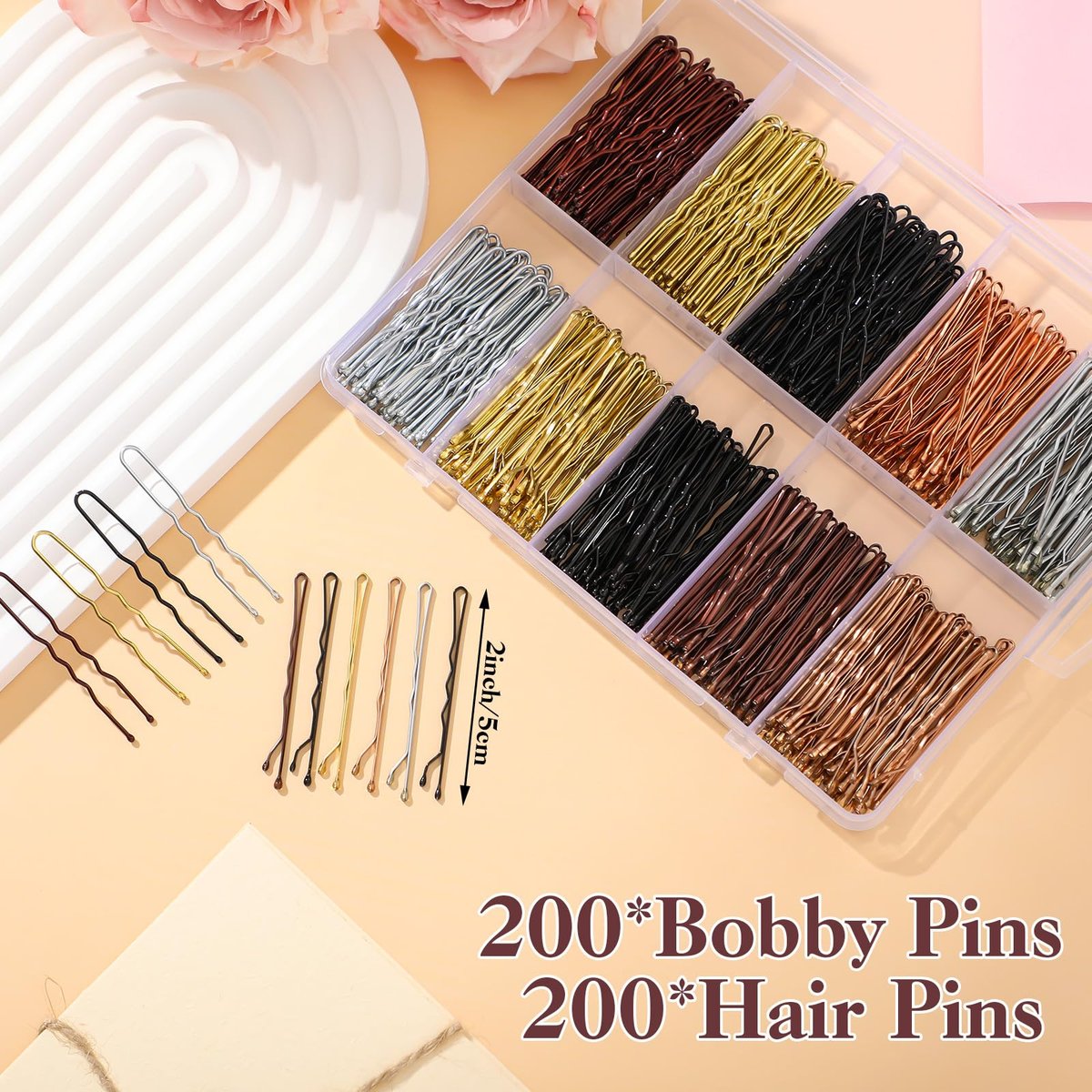 400 Pcs Bobby Pins Set, 2 Inch Hair Pins for Women and Girls, U-Shaped Pins for Buns, 5 Colors (Brown, Blonde, Black) Styling Pins with Storage Box - görsel 3