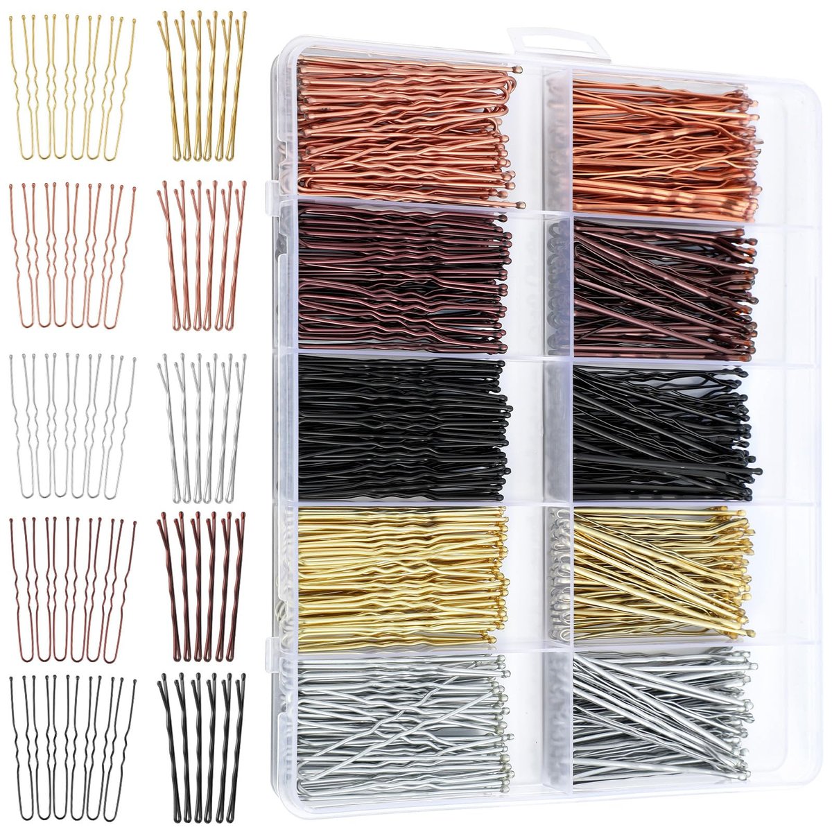 400 Pcs Bobby Pins Set, 2 Inch Hair Pins for Women and Girls, U-Shaped Pins for Buns, 5 Colors (Brown, Blonde, Black) Styling Pins with Storage Box - görsel 1