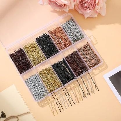 400 Pcs Bobby Pins Set, 2 Inch Hair Pins for Women and Girls, U-Shaped Pins for Buns, 5 Colors (Brown, Blonde, Black) Styling Pins with Storage Box