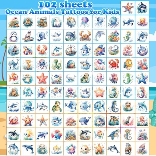 102 PCS Individually Wrapped Ocean Animals Temporary Tattoos for Kids – Cute Sea Creature Stickers for Girls, Boys, Body, Arm, Shoulder – Birthday Party Supplies & Gifts - görsel 4