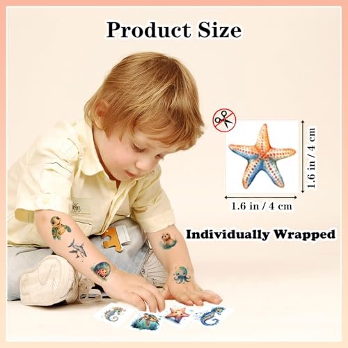 102 PCS Individually Wrapped Ocean Animals Temporary Tattoos for Kids – Cute Sea Creature Stickers for Girls, Boys, Body, Arm, Shoulder – Birthday Party Supplies & Gifts - görsel 6