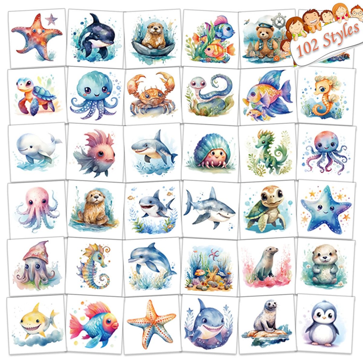 102 PCS Individually Wrapped Ocean Animals Temporary Tattoos for Kids – Cute Sea Creature Stickers for Girls, Boys, Body, Arm, Shoulder – Birthday Party Supplies & Gifts - görsel 1