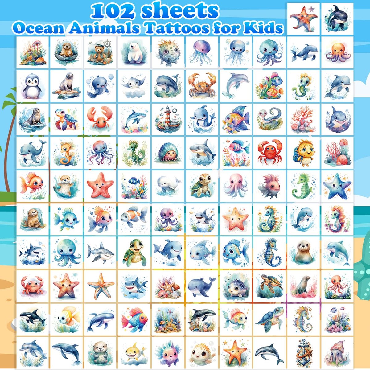 102 PCS Individually Wrapped Ocean Animals Temporary Tattoos for Kids – Cute Sea Creature Stickers for Girls, Boys, Body, Arm, Shoulder – Birthday Party Supplies & Gifts - görsel 3