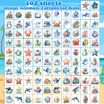 102 PCS Individually Wrapped Ocean Animals Temporary Tattoos for Kids – Cute Sea Creature Stickers for Girls, Boys, Body, Arm, Shoulder – Birthday Party Supplies & Gifts