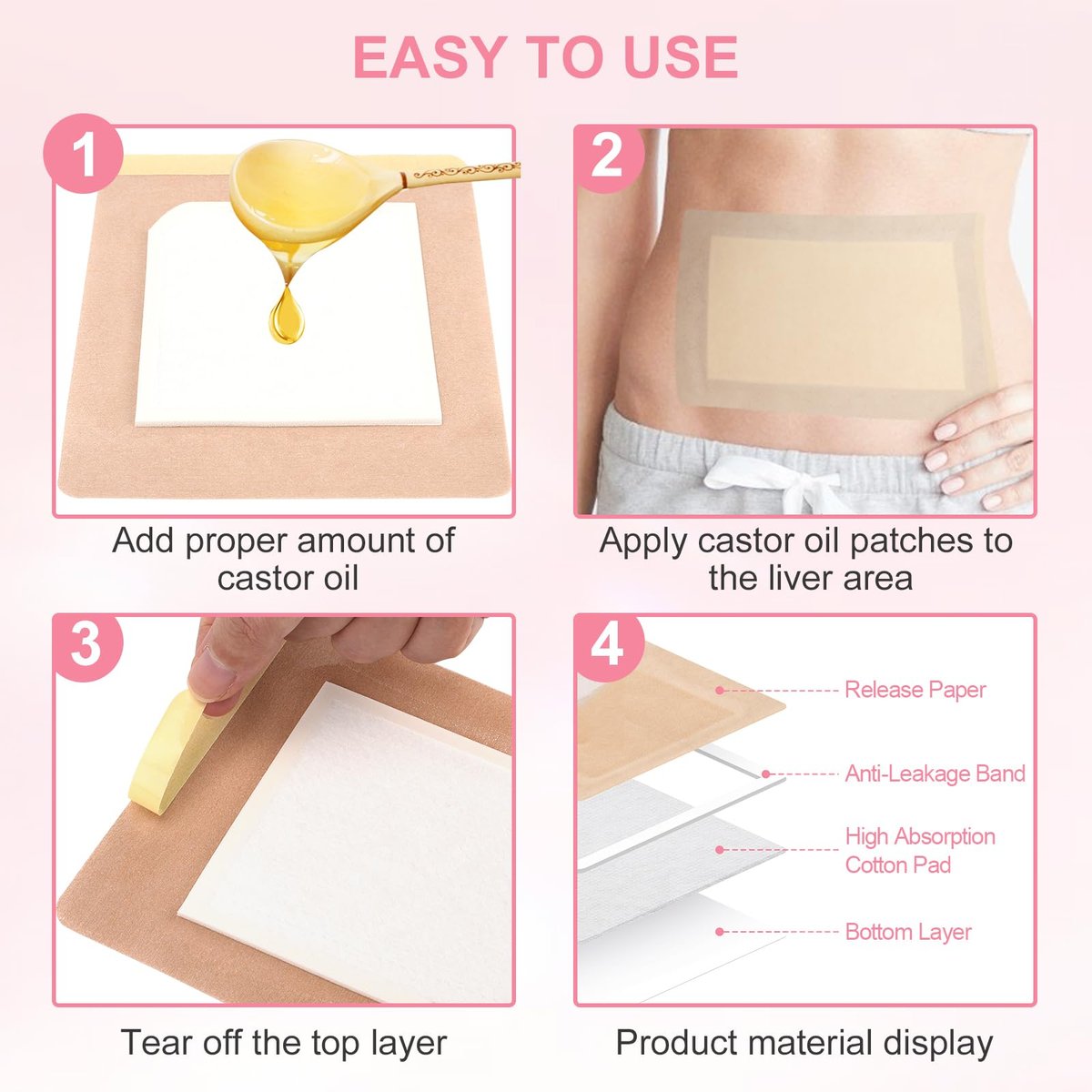 Extra Large Castor Oil Pack Wrap – 20 Pack, Self-Adhesive, Organic Cotton Flannel, No Washing, Anti-Leak, 11.02 x 6.29 in, Skin Avelisse