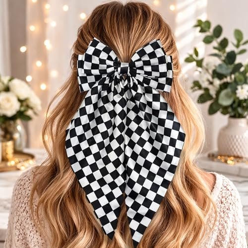 Black and White Checkered Hair Bow - Large 7.9" × 15" Hair Bow Clip for Women and Girls - görsel 12