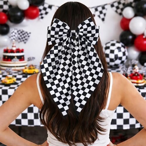 Black and White Checkered Hair Bow - Large 7.9" × 15" Hair Bow Clip for Women and Girls - görsel 10