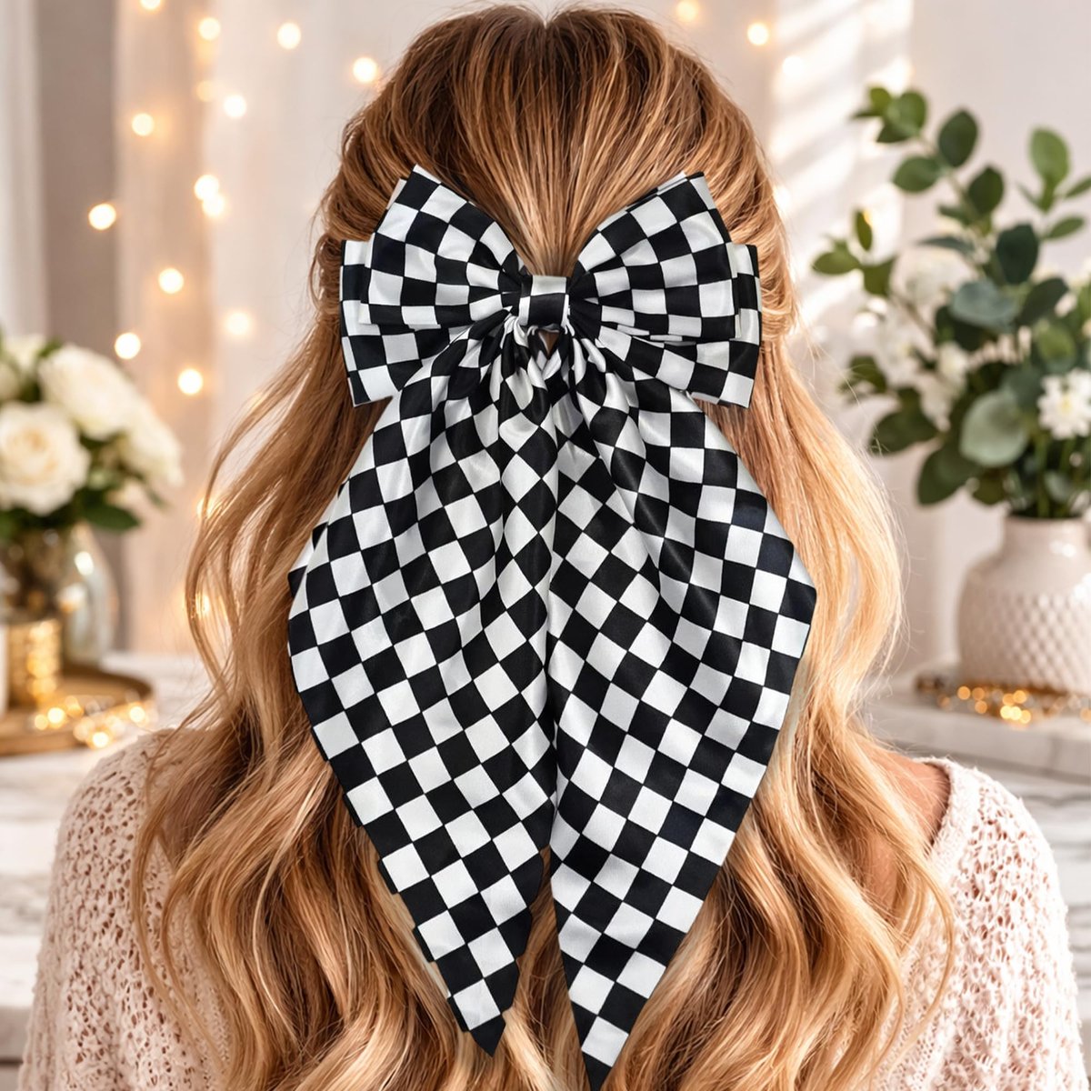Black and White Checkered Hair Bow - Large 7.9" × 15" Hair Bow Clip for Women and Girls - görsel 11
