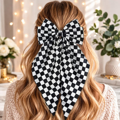 Black and White Checkered Hair Bow - Large 7.9" × 15" Hair Bow Clip for Women and Girls
