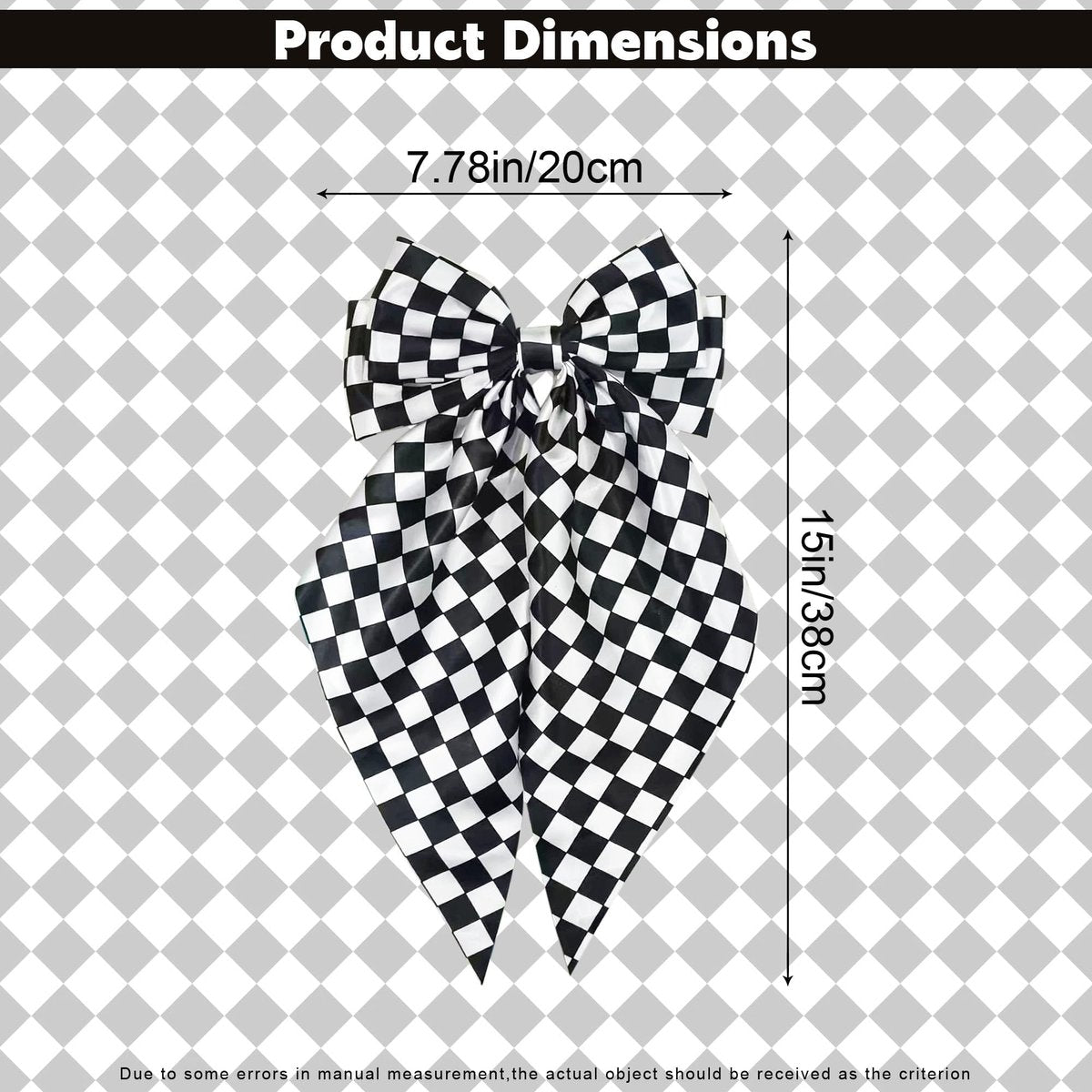 Black and White Checkered Hair Bow - Large 7.9" × 15" Hair Bow Clip for Women and Girls - görsel 3