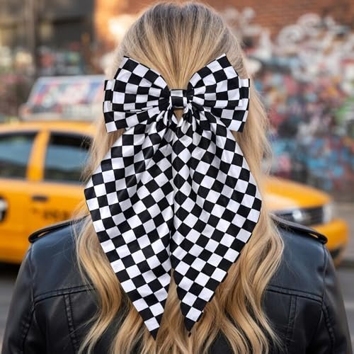 Black and White Checkered Hair Bow - Large 7.9" × 15" Hair Bow Clip for Women and Girls - görsel 8