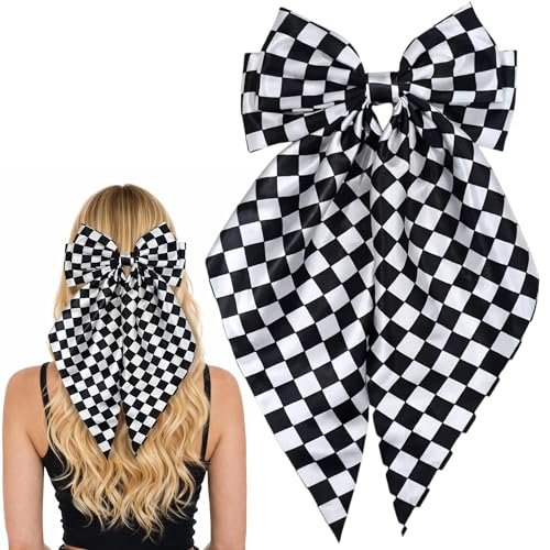 Black and White Checkered Hair Bow - Large 7.9" × 15" Hair Bow Clip for Women and Girls - görsel 2