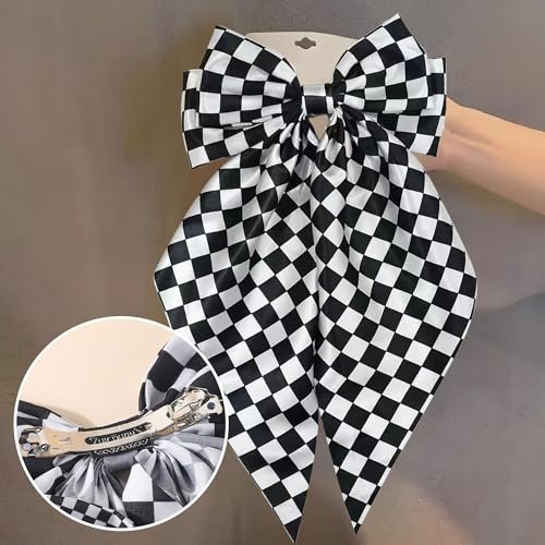 Black and White Checkered Hair Bow - Large 7.9" × 15" Hair Bow Clip for Women and Girls - görsel 6