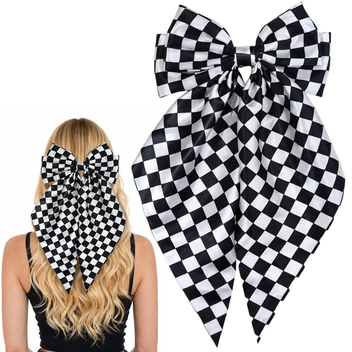 Black and White Checkered Hair Bow - Large 7.9" × 15" Hair Bow Clip for Women and Girls - görsel 1