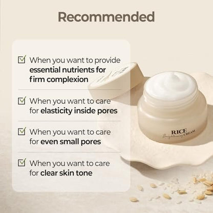 SKINFOOD Rice Brightening Cream - Korean Face Moisturizer with Fermented Rice Water for Natural Glow Glass Skin, Vegan, 60ml/2fl.oz. Avelisse