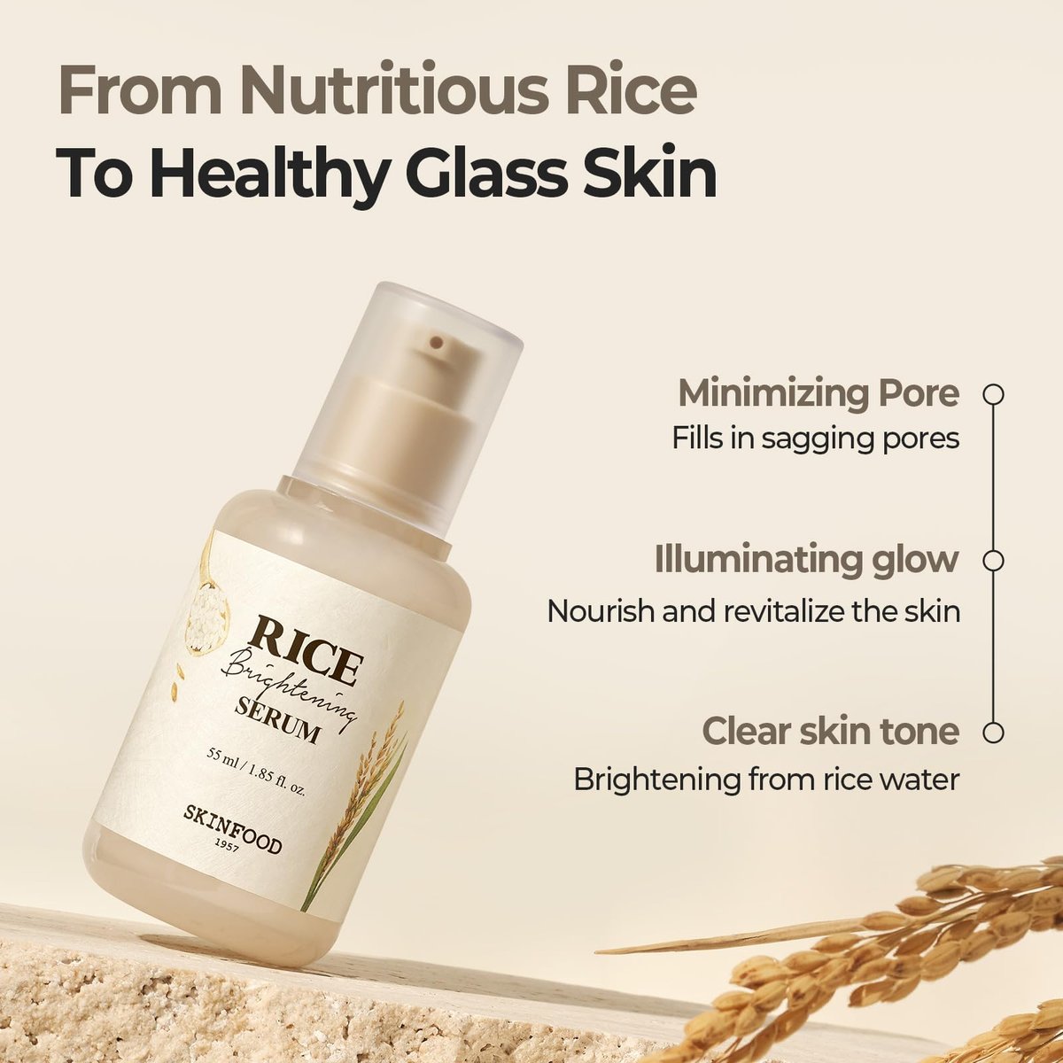 SKINFOOD Rice Serum - 48 Hours Fermented Rice Water Korean Face Serum for Glass Skin, Pore Minimizer, Brightening, 55ml/1.86fl.oz Avelisse