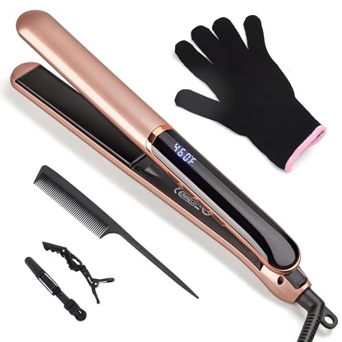 JAETON Flat Iron Hair Straightener with Floating Plates - Rose Gold, 1 Inch, 14 Adjustable Temperatures 200-460°F, Dual Voltage, Digital Display - görsel 2