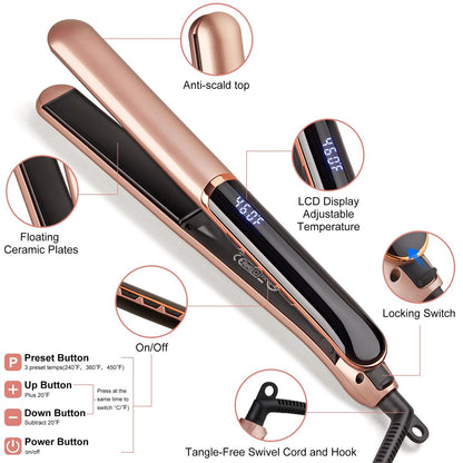JAETON Flat Iron Hair Straightener with Floating Plates - Rose Gold, 1 Inch, 14 Adjustable Temperatures 200-460°F, Dual Voltage, Digital Display