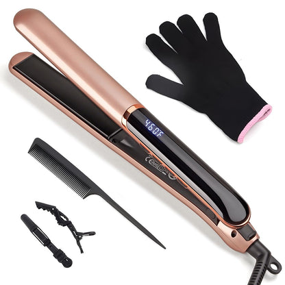 JAETON Flat Iron Hair Straightener with Floating Plates - Rose Gold, 1 Inch, 14 Adjustable Temperatures 200-460°F, Dual Voltage, Digital Display