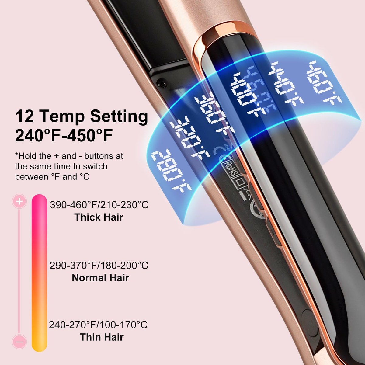 JAETON Flat Iron Hair Straightener with Floating Plates - Rose Gold, 1 Inch, 14 Adjustable Temperatures 200-460°F, Dual Voltage, Digital Display - görsel 7