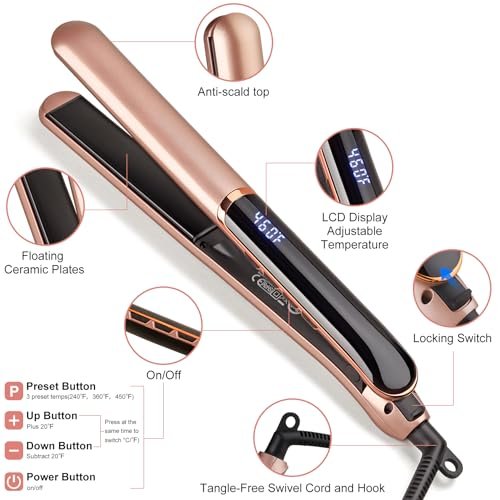 JAETON Flat Iron Hair Straightener with Floating Plates - Rose Gold, 1 Inch, 14 Adjustable Temperatures 200-460°F, Dual Voltage, Digital Display - görsel 12