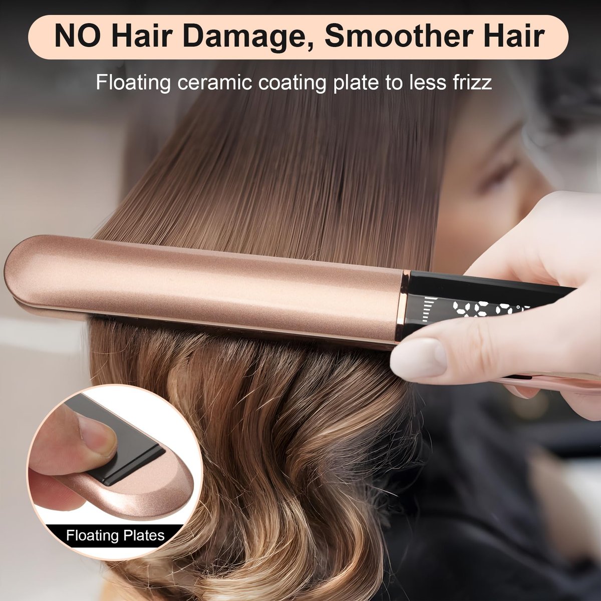 JAETON Flat Iron Hair Straightener with Floating Plates - Rose Gold, 1 Inch, 14 Adjustable Temperatures 200-460°F, Dual Voltage, Digital Display - görsel 9